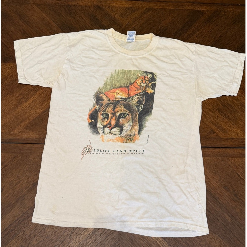 Vintage 2002 Wildlife Land Trust Cougar T-Shirt Cream Mens Large Humane Society - Picture 1 of 7